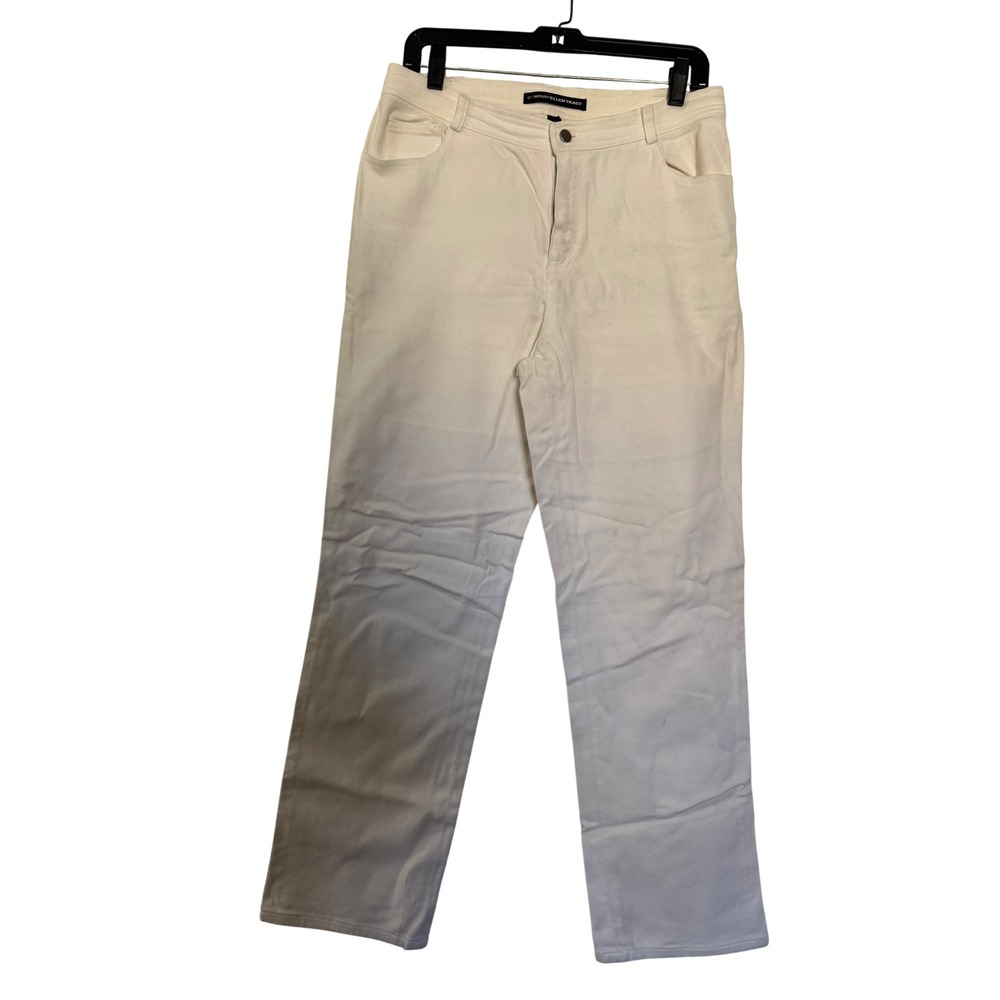 Company Ellen Tracy Cream Straight Leg Jeans Chain Zipper Back Pockets Size 10